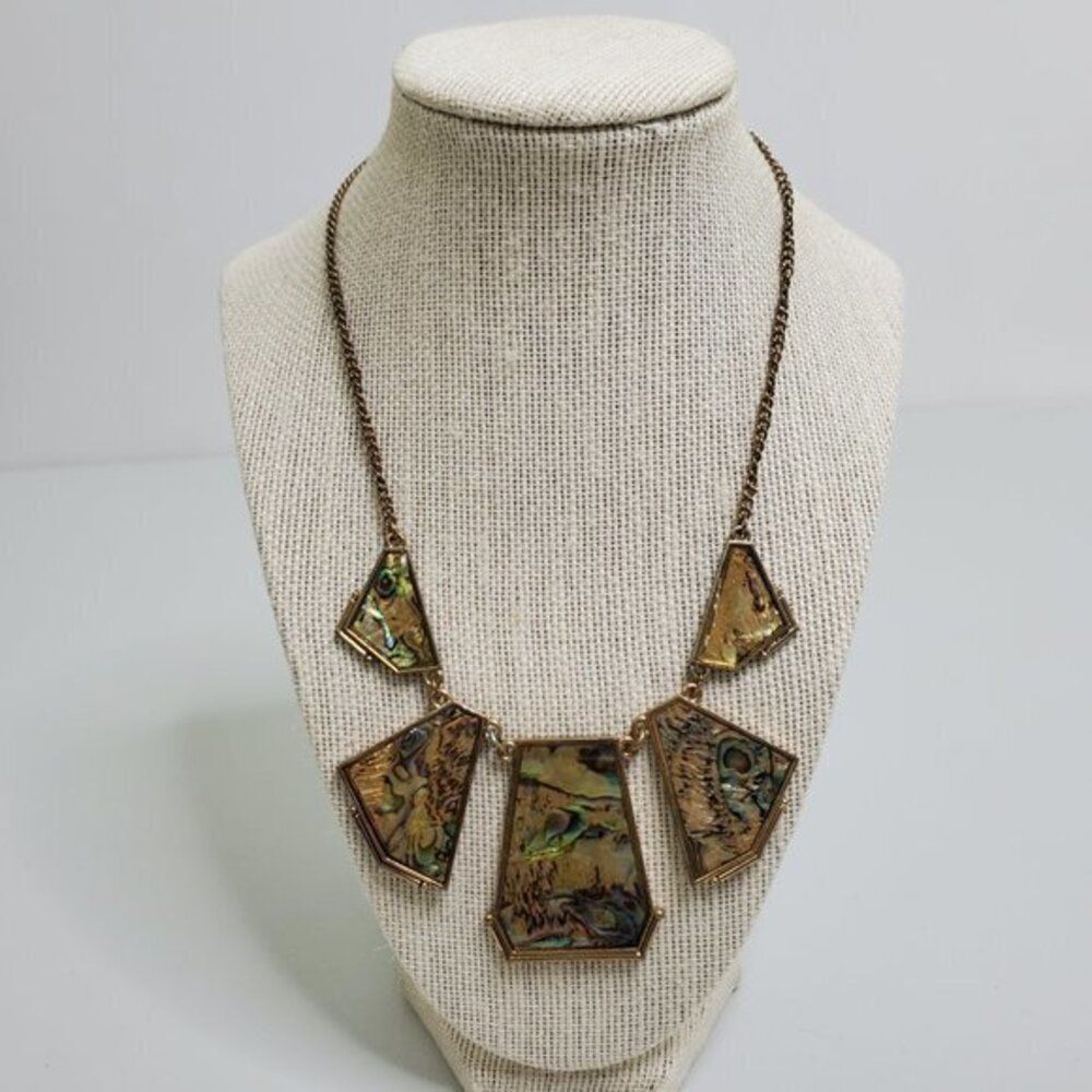 Abalone Necklace Statement Oil Spill Gold Tone Geometric Chain Big Green - Picture 2 of 7